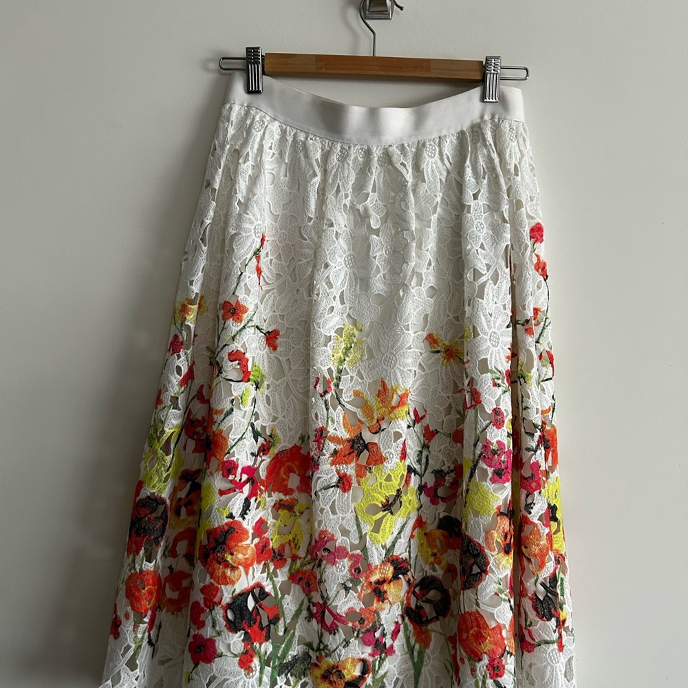 Badgley Mischka Floral Lace Midi Skirt - White and Multicolor